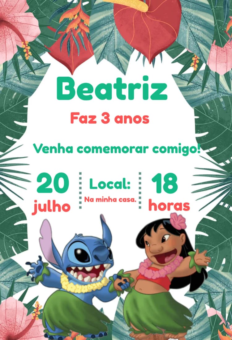 Invitation Lilo e Stitch – Aniversário Infantil theme colorido, divertido, tropical, infantil, temático