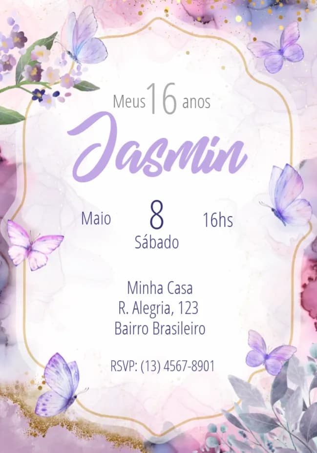 Convite 15 Anos Borboletas Debutante – tema 15 anos lilás, elegante, borboletas, romântico, moderno, feminino
