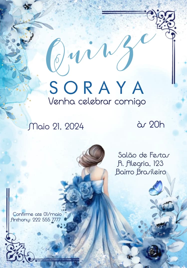 Invitación De 15 Años Princesa Debutante – tema 15 años floral, azul, princesa, moderno, romántico, elegante