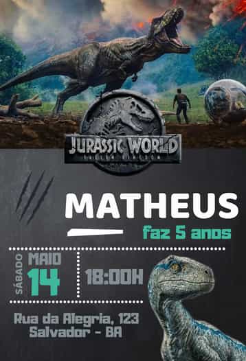 Convite Jurassic Blue Dino – tema Aniversário dinossauros, azul, pré-histórico, colorido, divertido, temático