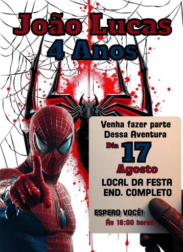 Convite O Homem Aranha  – tema Aniversário cores vibrantes, estilo cartoon, elementos de ação, design moderno, temática de super-heróis, ilustrações dinâmicas