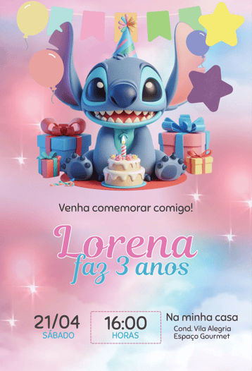 Convite Stitch Aniversariante – tema Aniversário Infantil colorido, divertido, temático, infantil, rosa, estrelas