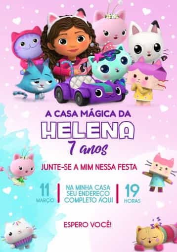 Convite A Casa Mágica Da Gabby Infantil – tema Aniversário mágico, infantil, lilás, roxo, colorido, divertido