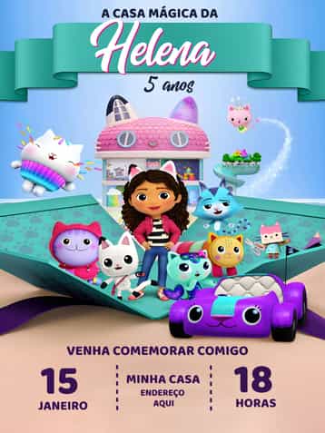 Convite A Casa Magica Da Gabby Roxo – tema Mais pesquisados colorido, fantasia, infantil, lúdico, temático, divertido