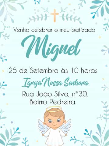 Convite Batizado Branco – tema Batizado delicado, minimalista, azul, branco, anjinhos, flores