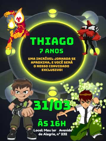 Convite Ben 10 Alienígena – tema Aniversário Infantil cores vibrantes, estilo divertido, elementos gráficos do espaço, tema de desenho animado, estética infantil
