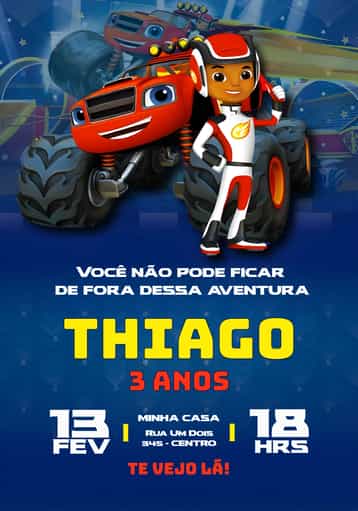 Convite Blaze Monster Machines Carro – tema Mais pesquisados azul vibrante, aventura, carrinhos, ilustrações infantis, temática corrida, diversão