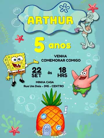 Convite Bob Esponja Quadrada – tema Mais pesquisados colorido, marinho, divertido, infantil, animado