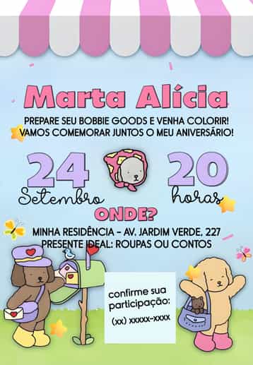 Convite Bobbie Goods Ursinho – tema Aniversário Infantil cozy, animal, colorido, jardim, infantil, floral