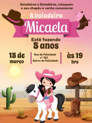 Convite Boiadeira Rosa – tema Mais pesquisados rosa, fazendinha, rústico, divertido, colorido, temático