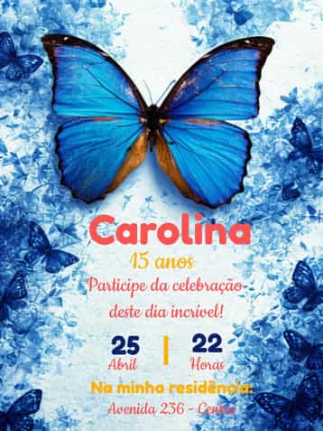 Convite Borboleta Azul Floral – tema Aniversário floral, aquarela, delicado, azul, modernidade, elegante