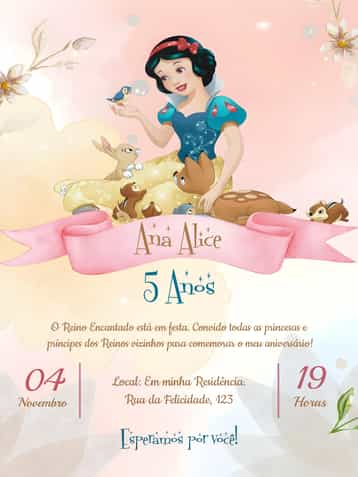 Convite Branca De Neve Menina – tema Mais pesquisados floral, delicado, rosa, Disney, princesa, mágico