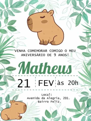 Convite Capivara Cute – tema Aniversário Infantil colorido, natural, divertido, tropical, infantil