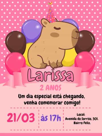 Convite Capivara Rosa Menina Capibara – tema Aniversário Infantil cores pastel, ilustrações divertidas, estilo lúdico, elementos naturais, design moderno, temática animal