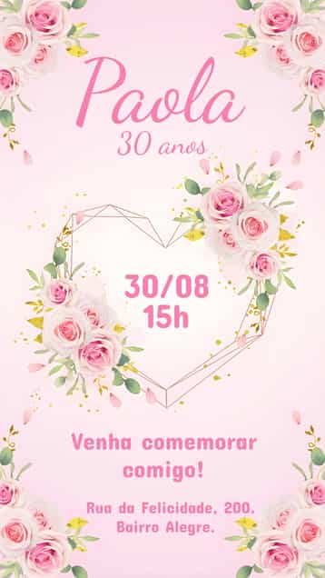 Convite Coração Floral Adulto – tema Aniversário floral, delicado, rosa, feminino, moderno, elegante