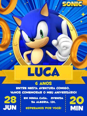 Convite Covnite Sonic Jogo – tema Mais pesquisados estilo moderno, cores vibrantes, elementos gráficos de jogos, inspirado em personagens, temática infantil