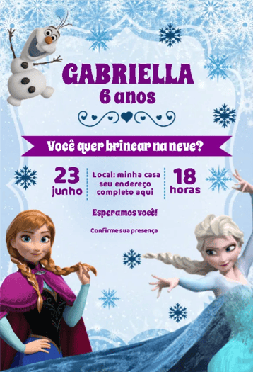Convite Frozen Neve – tema Mais pesquisados azul, roxo, lilás, neve, gelo, tema Frozen