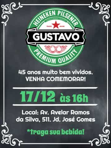 Convite Heineken Homem – tema Aniversário verde, cinza, branco, chalkboard, boteco, moderno