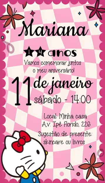 Convite Hello Kitty Emo – tema Aniversário Infantil emo, rosa, divertido, temático, colorido, jovem