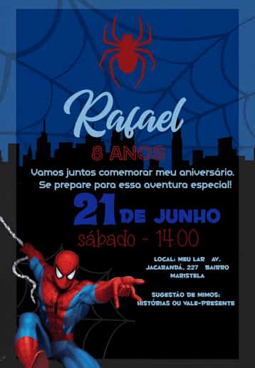Convite Homem Aranha Super – tema Aniversário Infantil colorido, temática de super-heróis, moderno, divertido, jovial