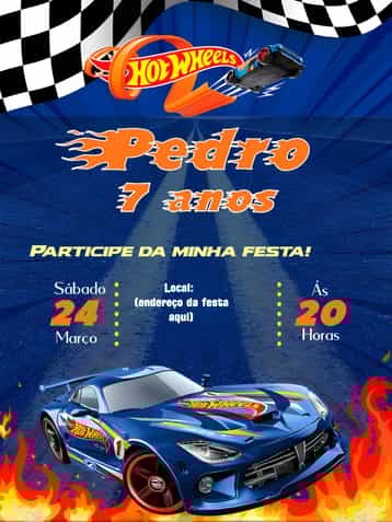 Convite Hotwheels Corrida – tema Mais pesquisados moderno, colorido, temático, divertido, dinâmico