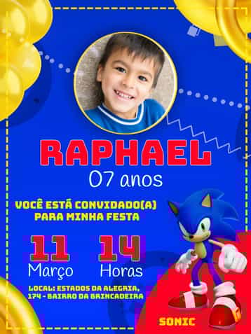 Convite Infantil Sonic Jogo – tema Aniversário Infantil azul, jogos, divertido, ilustrações animadas, temática de heróis, estilo moderno
