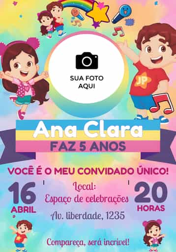 Convite Maria Clara E Jp Com Foto – tema Mais pesquisados colorido, infantil, divertido, moderno, fotográfico
