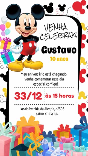 Convite Mickey Mouse Colorido – tema Mais pesquisados colorido, divertido, infantil, Disney, festivo
