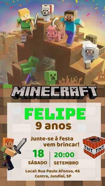 Convite Minecraft Creeper – tema Mais pesquisados temática de jogo, cores vibrantes, design divertido, elementos gráficos do Minecraft, estilo cartoon