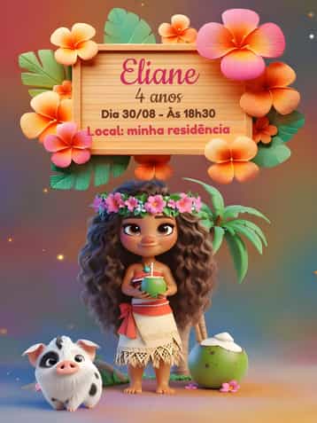Convite Moana Maui – tema Mais pesquisados tropical, colorido, aqua, aventura, animais marinhos, ilhas do Pacífico