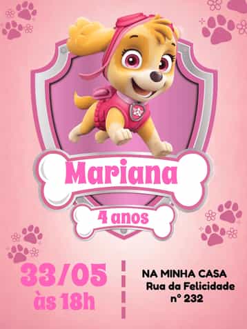 Convite Patrulha Canina Skye – tema Aniversário Infantil rosa, divertido, lúdico, colorido, infantil