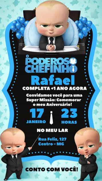 Convite Poderoso Chefinho Boss – tema Mais pesquisados azul, divertido, infantil, moderno, temático