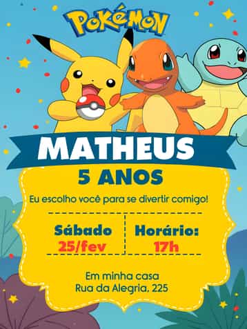 Convite Pokemon – tema Mais pesquisados colorido, divertido, jovial, temático, ilustrativo