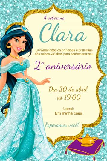 Convite Princesa Jasmine – tema Mais pesquisados cores vibrantes, estilo árabe, elementos gráficos mágicos, tons de rosa e azul, detalhes dourados, inspirado em contos de fadas