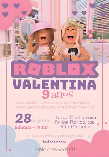 Convite Roblox Rosa – tema Aniversário Infantil colorido, brilhoso, moderno, jogos, feminino, divertido