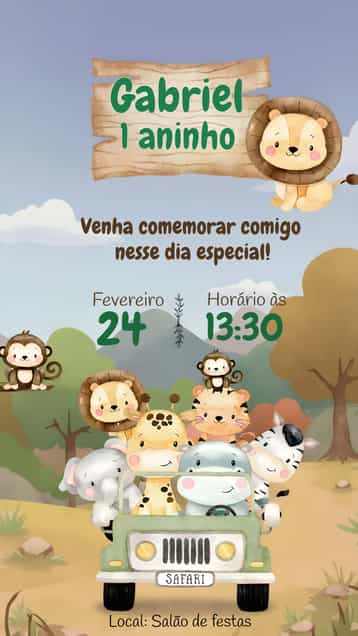 Convite Safari Folhas – tema Mais pesquisados tropical, animais, aventura, verde, ilustração, colorido