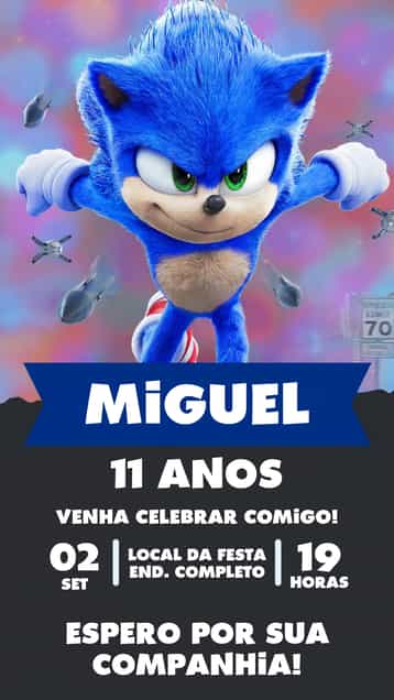 Convite Sonic Infantil – tema Mais pesquisados azul, temática de jogos, moderno, divertido, infantil, ilustrações do Sonic