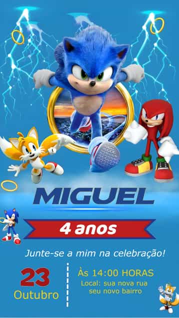 Convite Sonic Knuckes – tema Mais pesquisados azul, moderno, infantil, divertido, temático