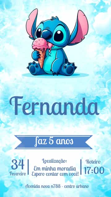 Convite Stitch – tema Aniversário Infantil divertido, colorido, temático Disney, lúdico, infantil