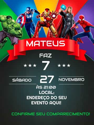 Convite Super Herói Menino – tema Aniversário Infantil moderno, colorido, temático, dinâmico, aventura, super-heróis