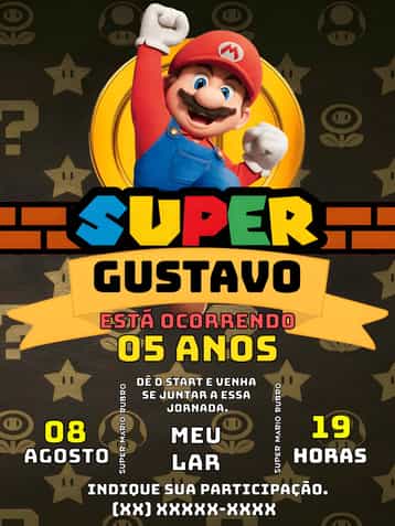 Convite Super Mario Vermelho – tema Mais pesquisados vermelho, branco, jogo, divertido, temático, infantil