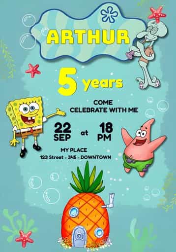 Invitation Bob SquarePants – Most searched for theme colorful, navy, fun, childish, lively