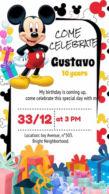Invitation Mickey Mouse Colorful – Most searched for theme colorful, fun, childish, Disney-themed, festive