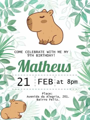 Invitation Cute Capybara – Kids' Birthday Party theme colorful, natural, playful, tropical, kids