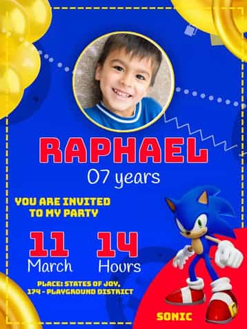 Invitation Sonic Kids Game Invite – Kids' Birthday Party theme blue, games, funny, animated illustrations, heroes theme, modern style