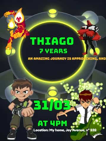 Invitation Ben 10 Alien – Kids' Birthday Party theme vibrant colors, fun style, space graphic elements, cartoon theme, childlike aesthetic