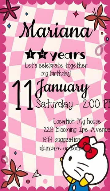 Invitation Hello Kitty Emo – Kids' Birthday Party theme fun, pink, fun-filled, themed, colorful, youthful