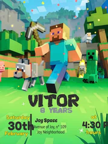 Invitation Minecraft Balls – Most searched for theme Theme: Minecraft, Colorful, Fun-filled, Games, Child-friendly, Themed
