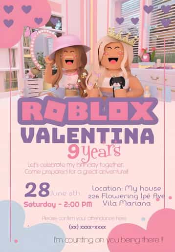 Invitation Pink Roblox – Kids' Birthday Party theme colorful, shiny, modern, games, feminine, fun
