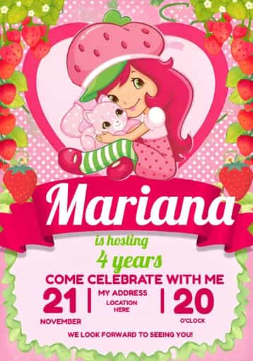 Invitation Strawberry Girl – Most searched for theme feminine, vibrant colors, fruits, children's themes, playful style